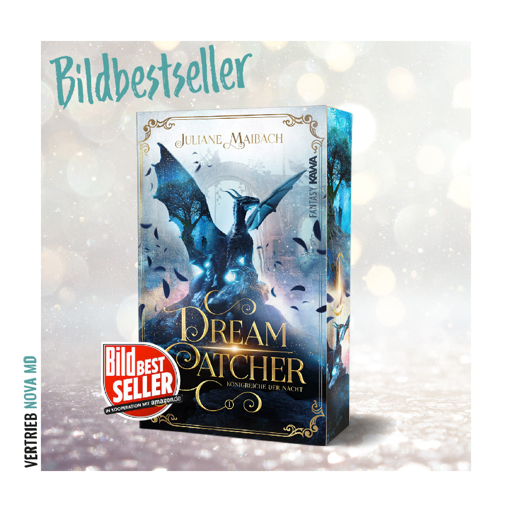 BILD Bestseller Bekanntgabe für "Dreamcatcher: Königreiche der Nacht" mit Abbildung des Covers vor glitzerndem Hintergrund